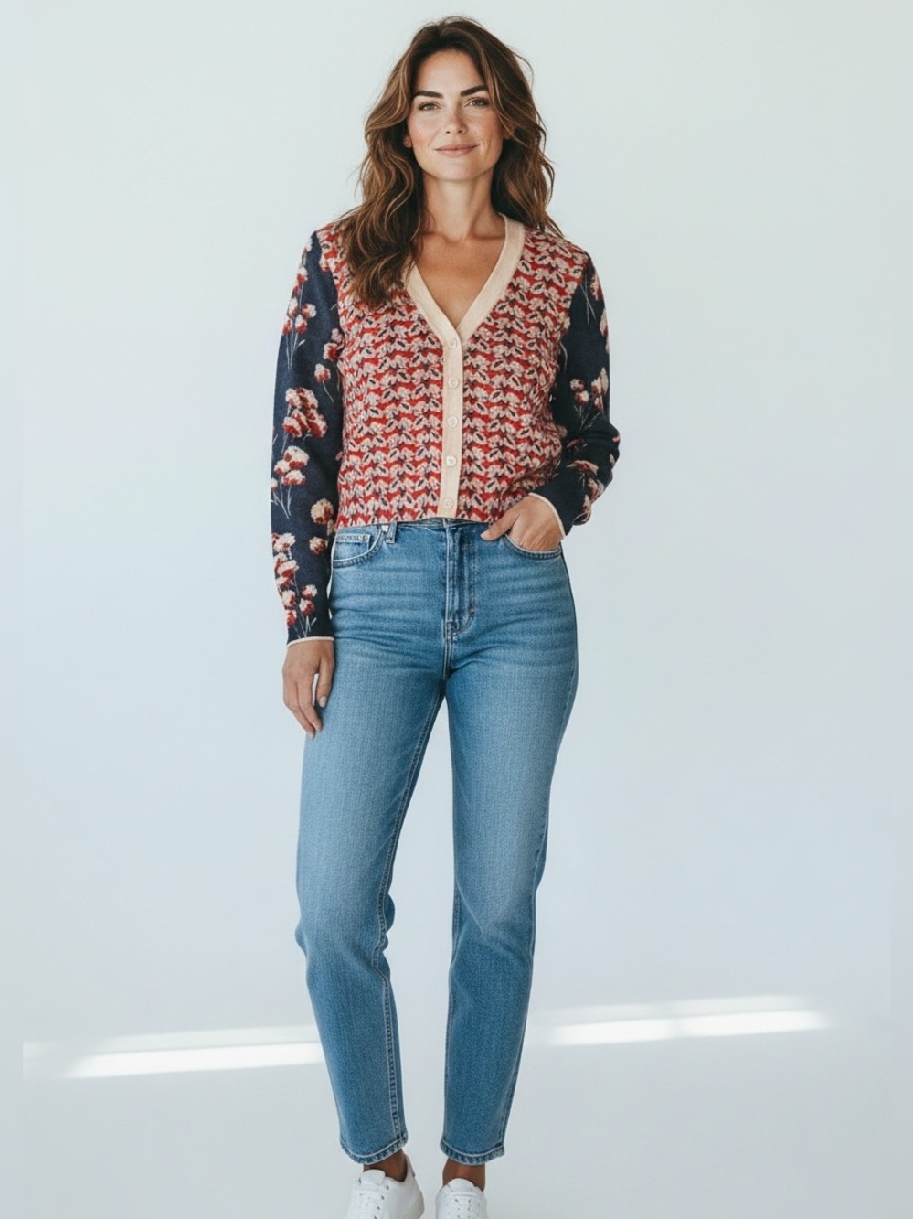 Tory Burch Peyton Mixed Floral Print Merino Wool Cardigan V-Neck Size XS